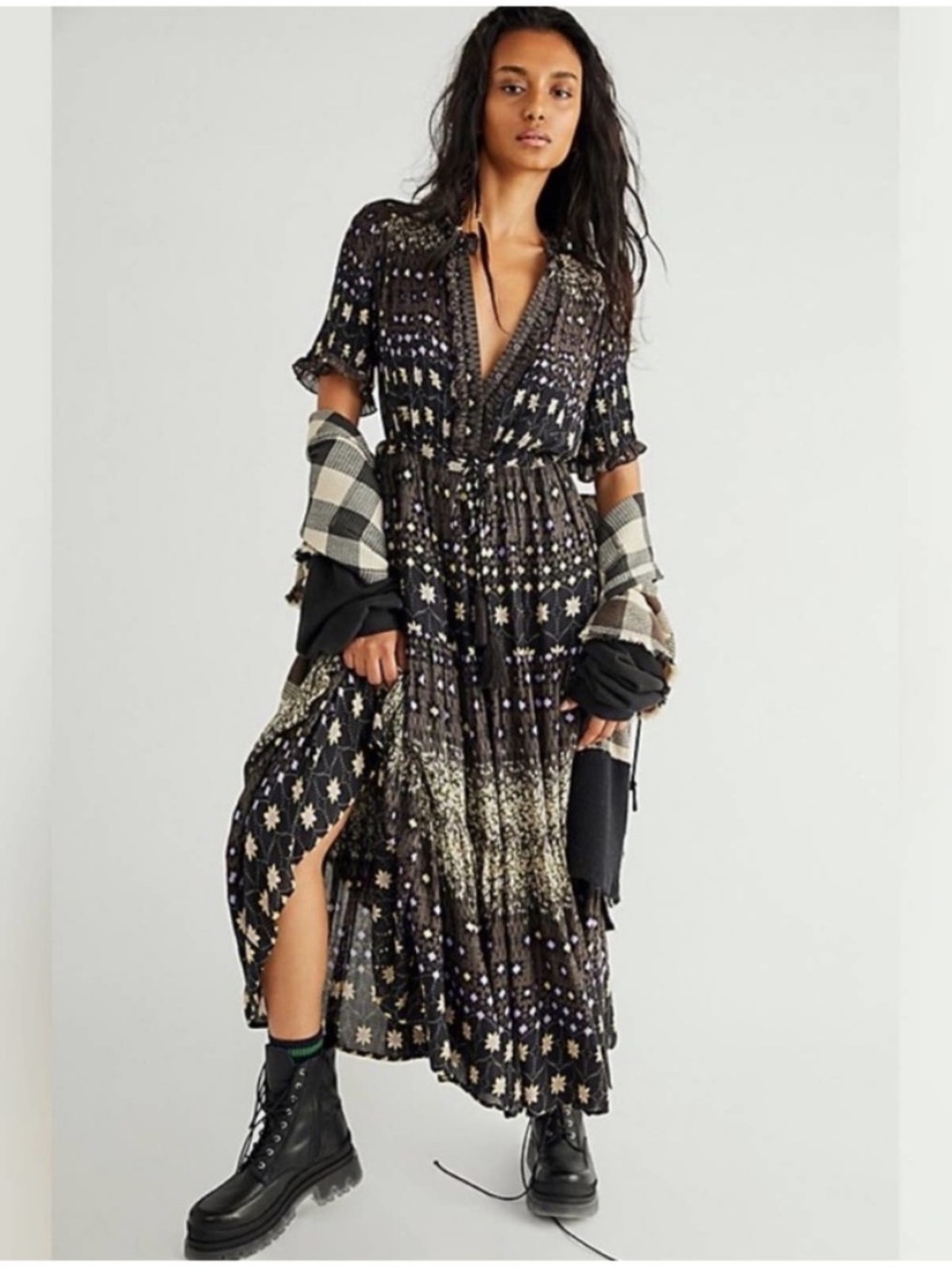 Free People Rare Feelings Midi Dress Cocoa Combo Dress Black Cottagecore Boho M